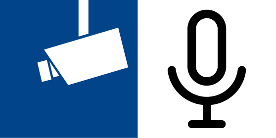 Links: Piktogramm Videoüberwachung; rechts: Piktogramm Mikrofon.